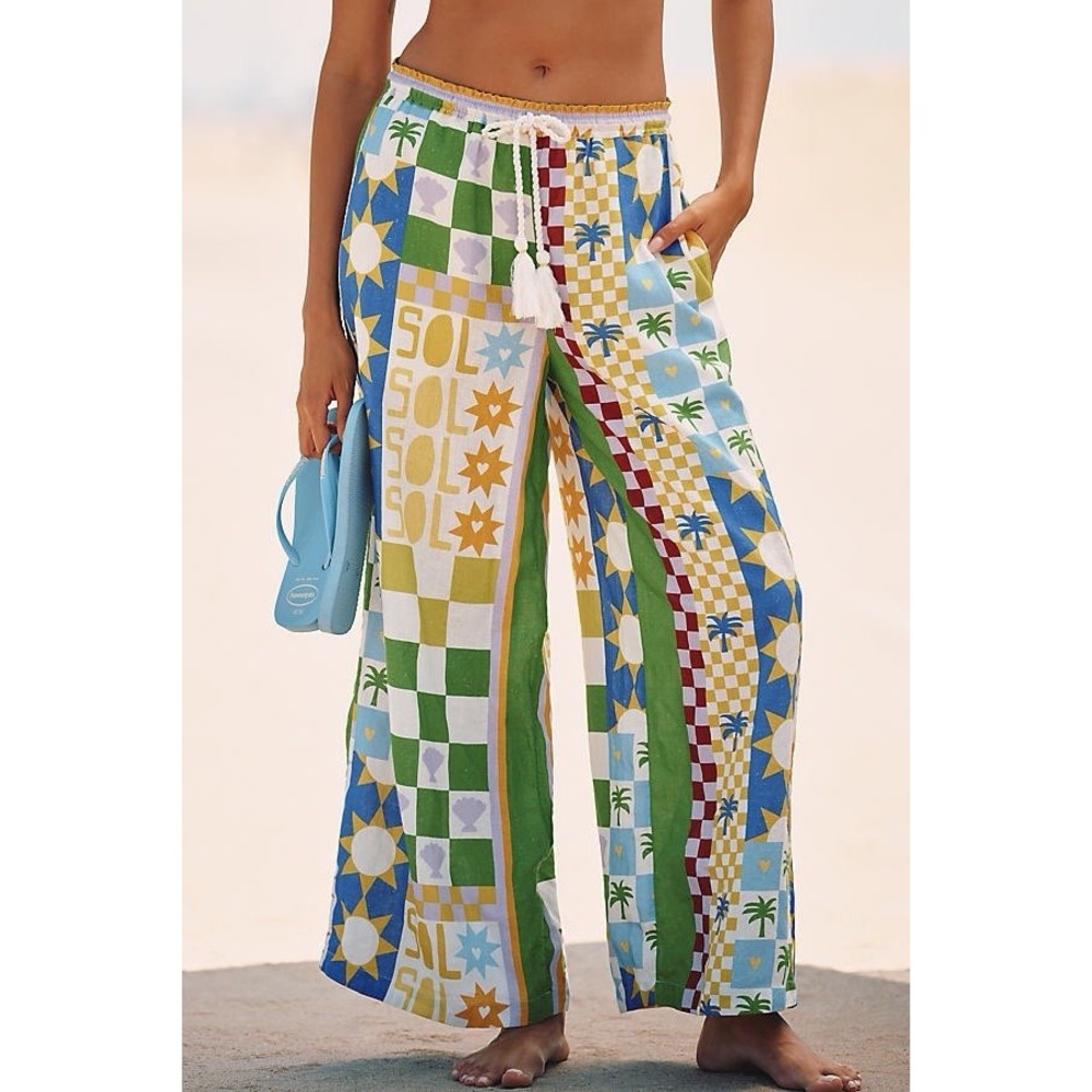 Anthropologie Celandine Linen Blend Wide-Leg Pants - Novelty Multicolor Sz S